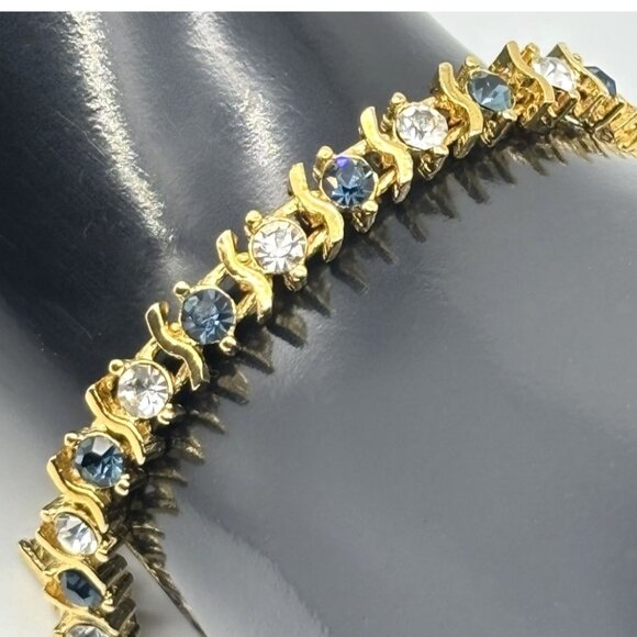 Korea Jewelry - Vintage Gold Tone Metal and Faux Sapphire Faux Diamond Tennis Style Bracelet 80s